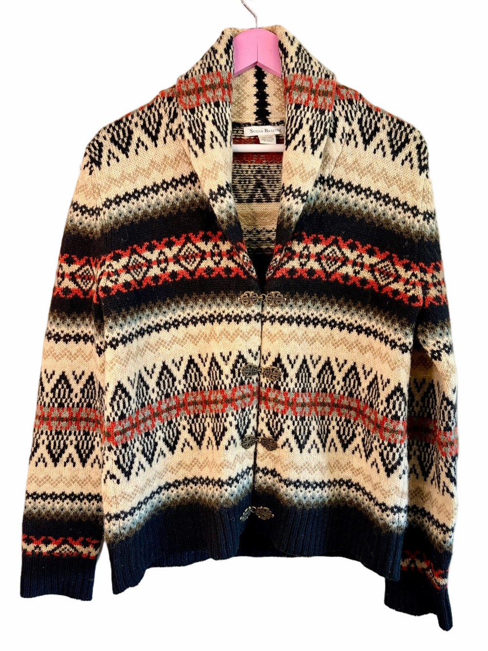 VINTAGE Susan Bristol MEDIUM Cream Fair Isle Metal Clips 💯 WOOL Shawl Cardigan